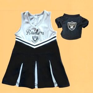 RAIDERS NFL TEAM APPAREL RAIDERETTE CHEERLEADER UNIFORM SZ. 4T & PET SHIRT SZ. S
